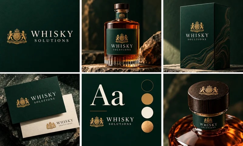 Forest green and gold Whisky Solutions identity with crest, bottle, packaging and stationery