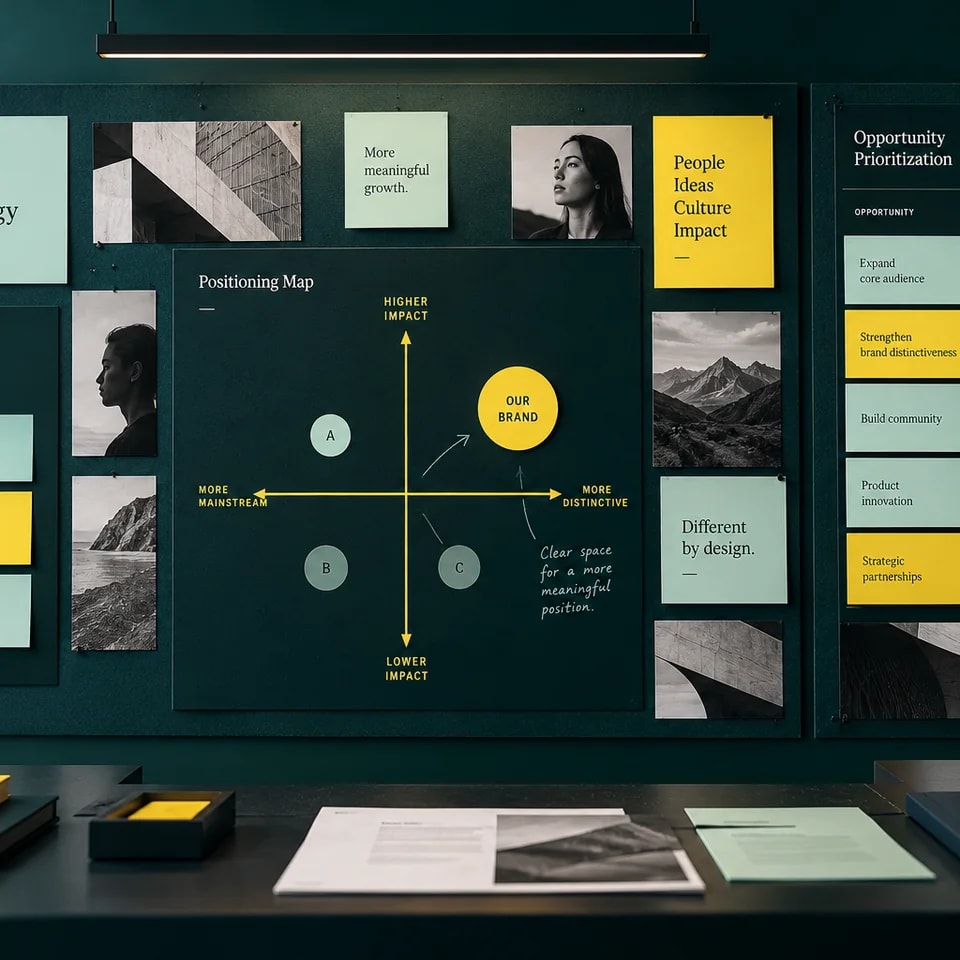 Teal and yellow brand strategy planning board with positioning maps and audience research
