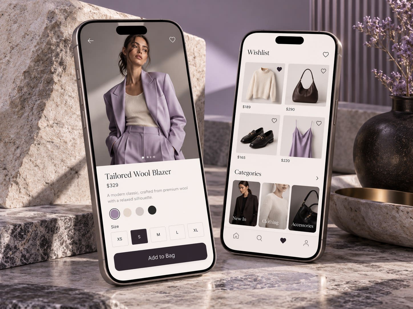 Fashion shopping app featuring product details, collections and a wishlist