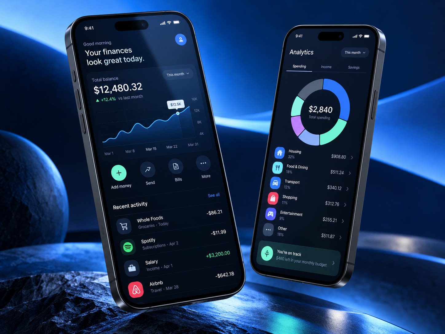 Personal finance app showing balance, spending insights and account activity