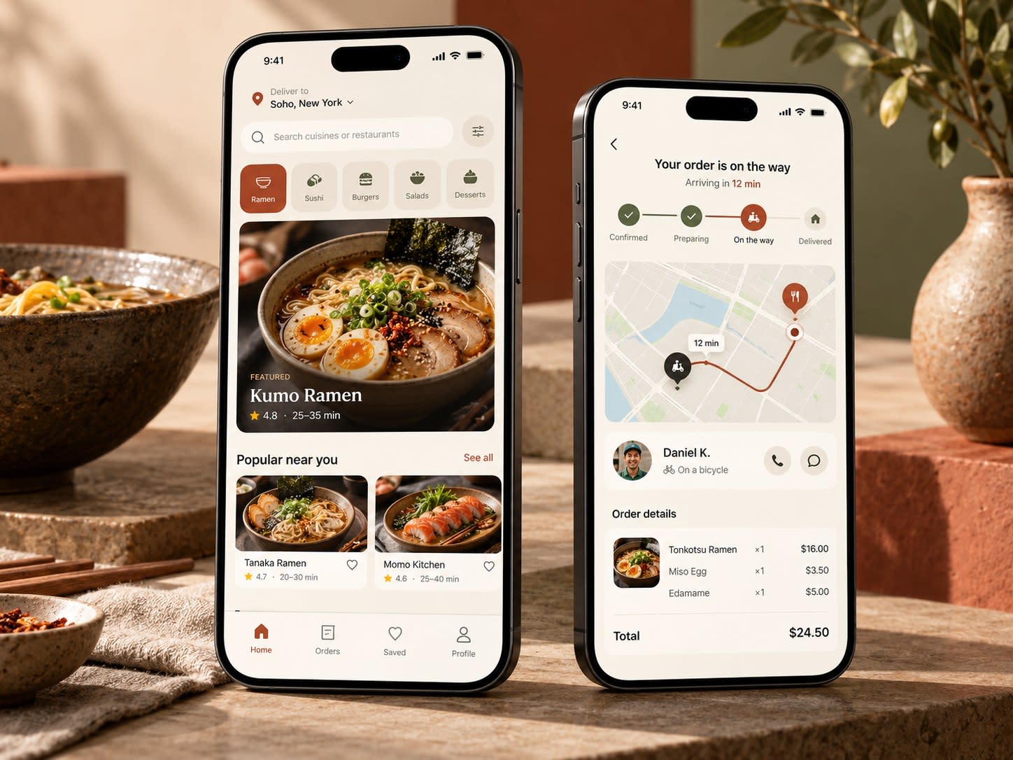 Food ordering app with restaurant discovery and live delivery tracking