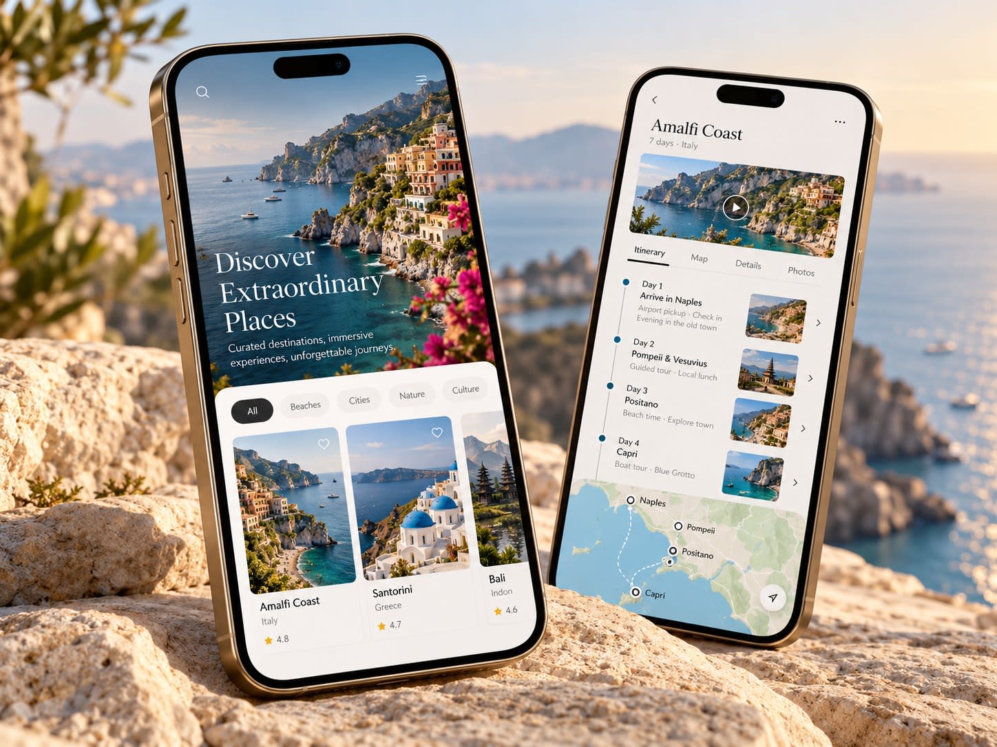 Travel discovery app with destinations, itineraries and interactive maps