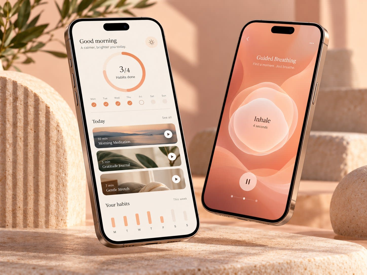 Wellness app with a daily habit dashboard and guided breathing experience