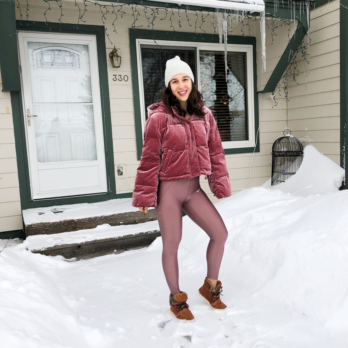 wearing pink in front of our house