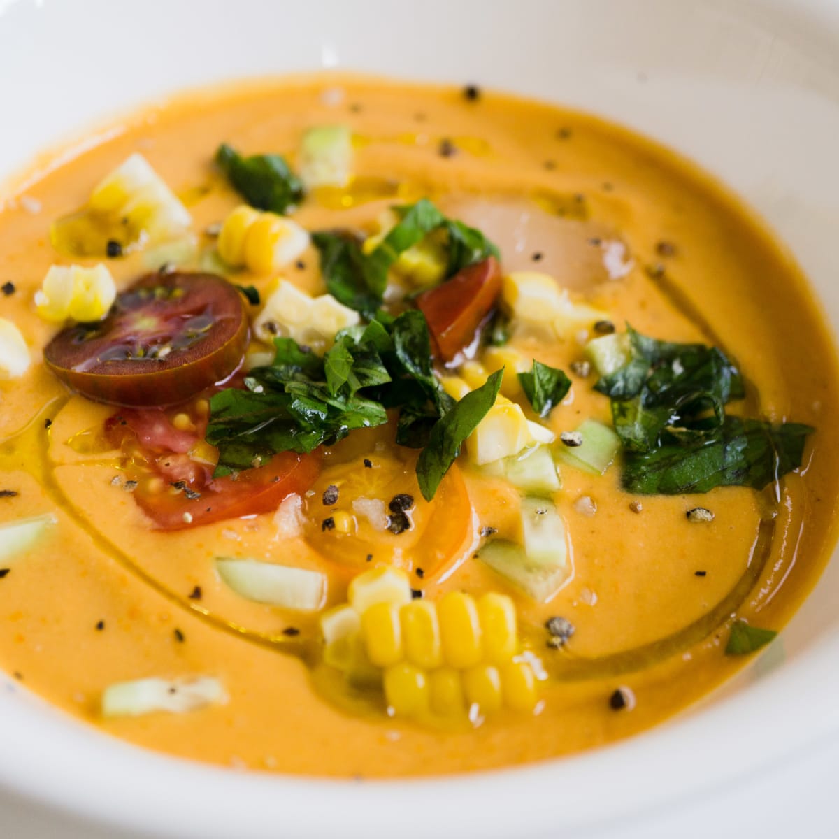 cold vegan gazpacho soup with corn and lentils