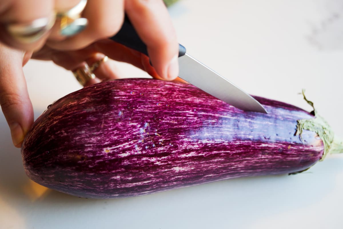 cutting along the eggplant