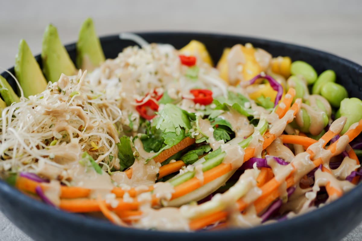 closeup of spring roll salad with tahini dressing on top