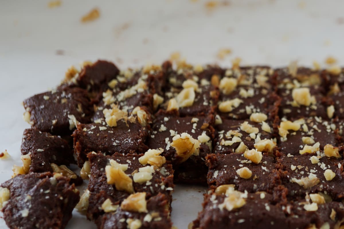 raw brownies cut to squares