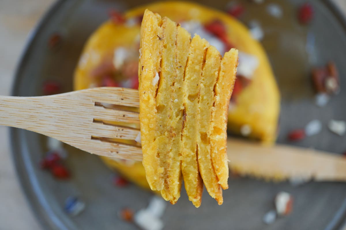 pancake stack bite on a wooden fork