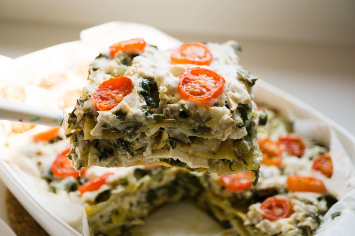 serving the vegan gluten-free chard and cashew lasagna