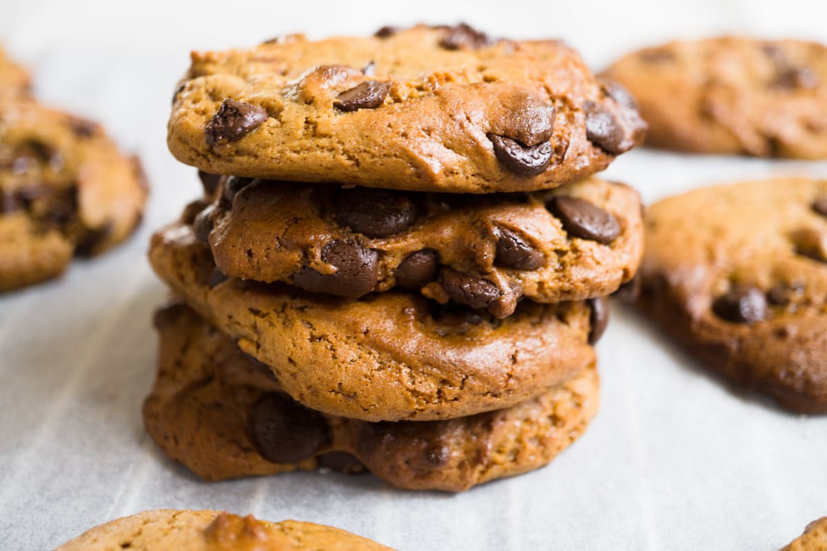 stack of vegan peanut butter chocolate chip cookies