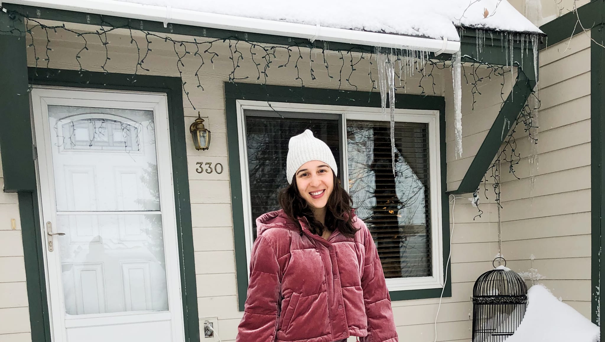 wearing pink in front of our house