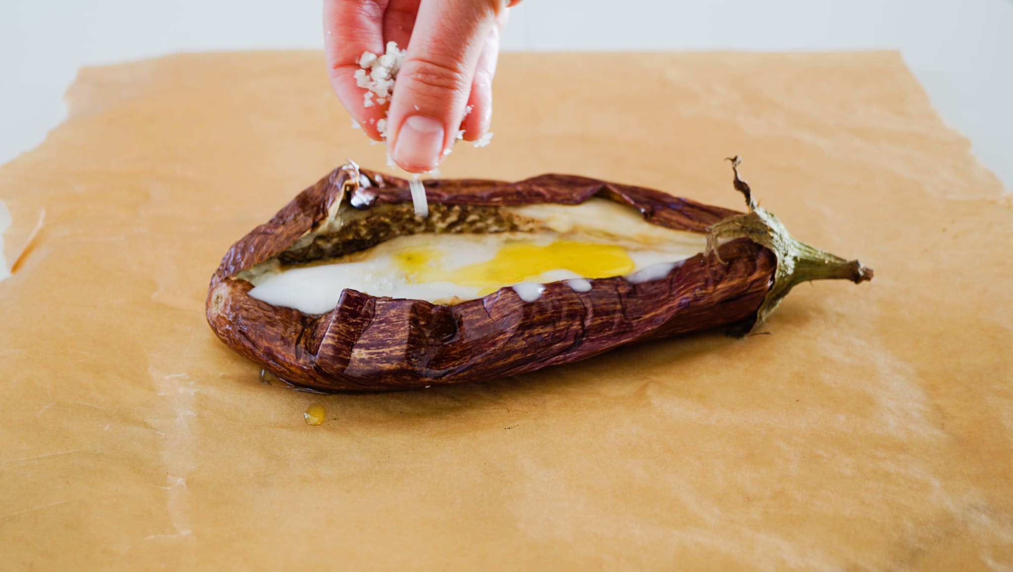 sparkling salt on a roasted eggplant