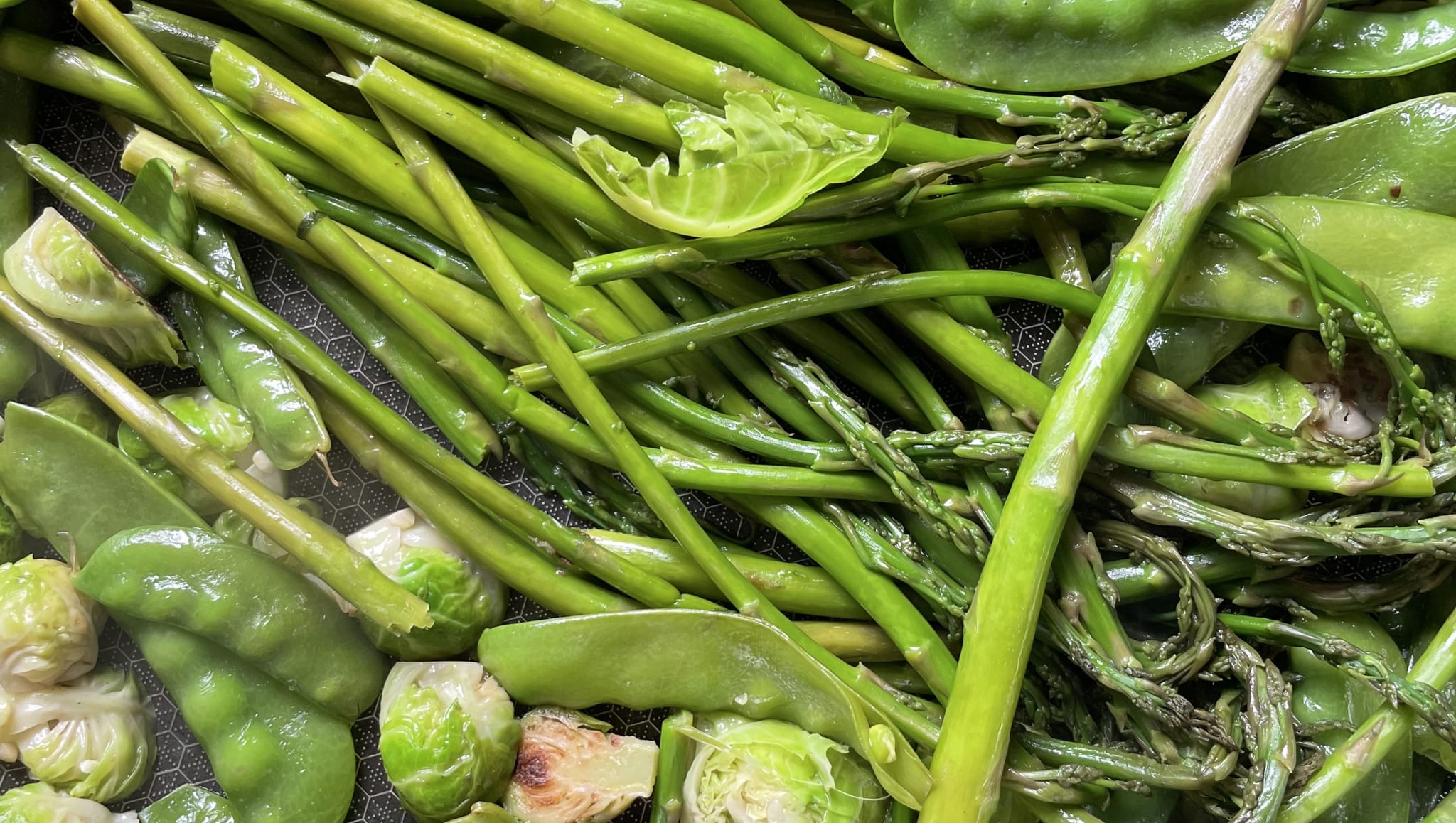 Quick Skillet Greens: Brussels Sprout, Snap-Pea and Asparagus