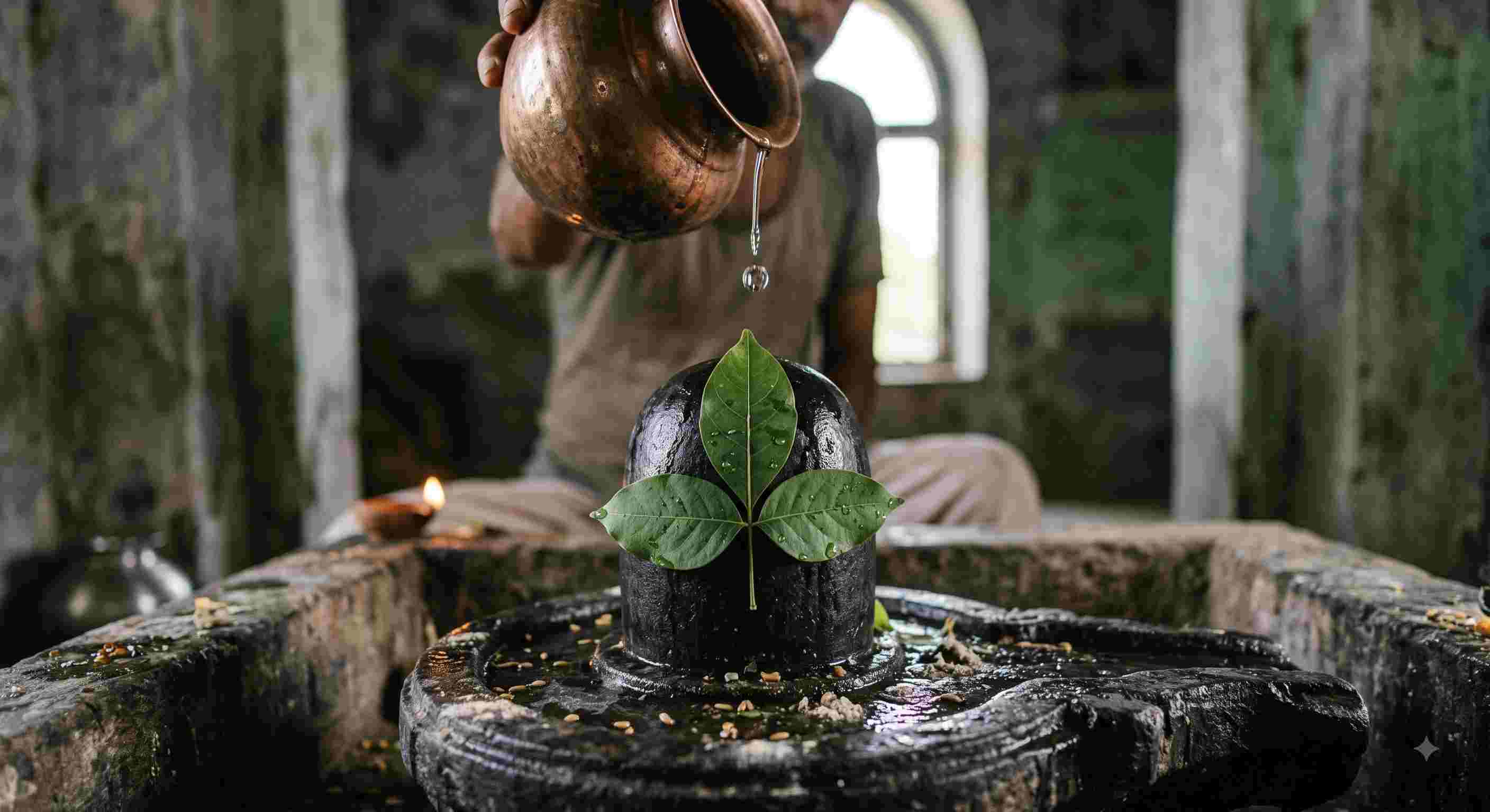 Devotee offering a perfect three-leaf Belpatra on a Shivling during Sawan Somwar