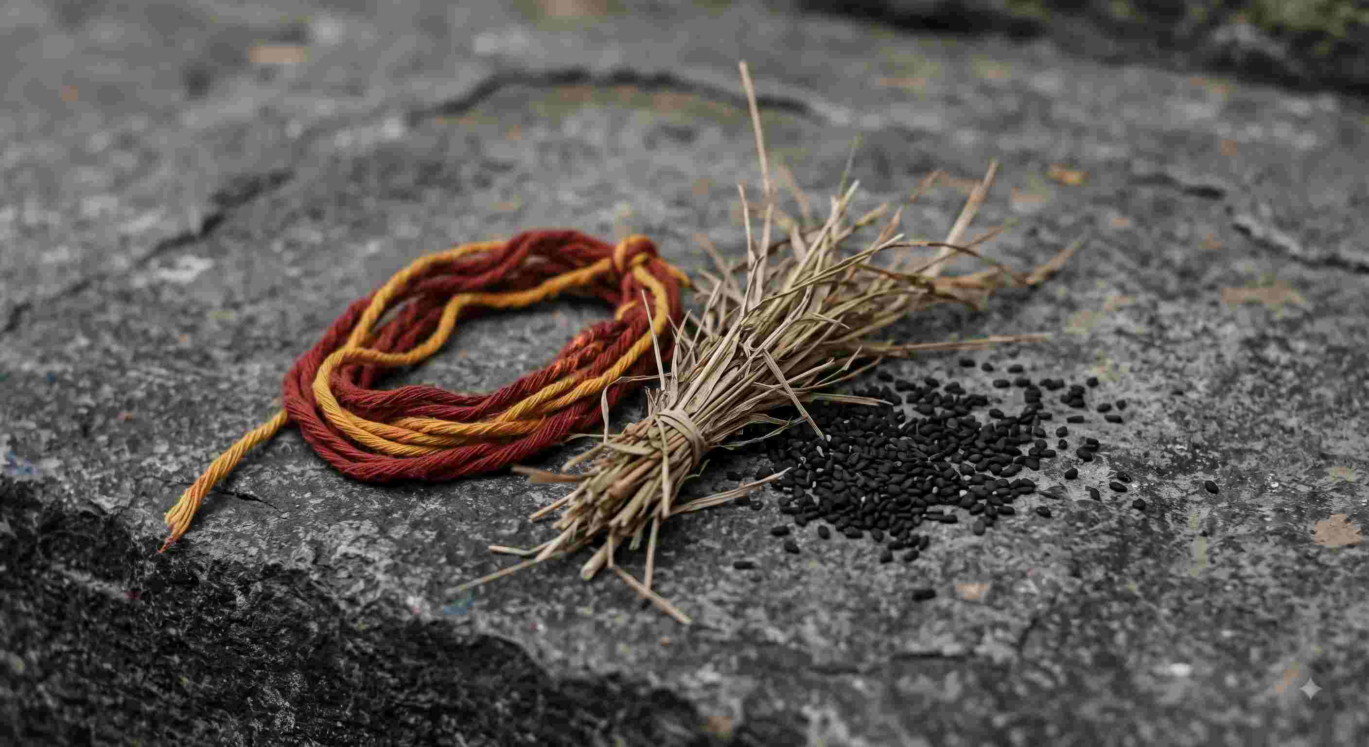 Sacred red Mauli thread resting next to traditional Pitru Paksha Puja setup