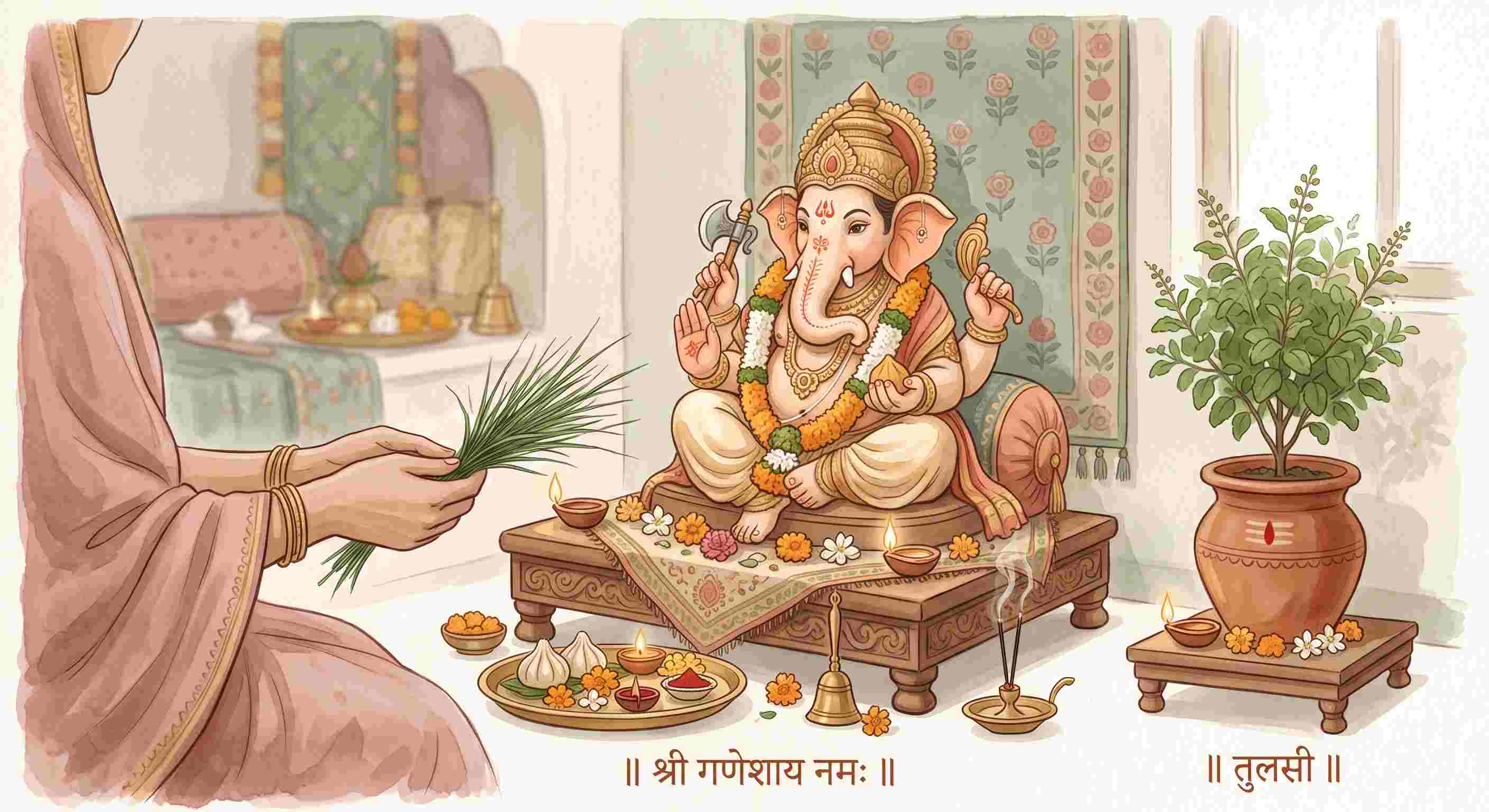 Lord Ganesha idol adorned with fresh Durva grass, with Tulsi strictly excluded
