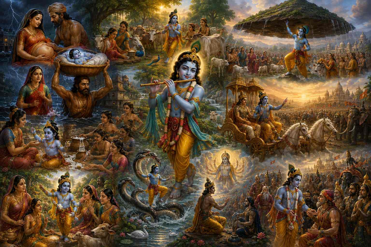 Detailed artwork depicting the various stages of Lord Krishna's life from infancy to the Kurukshetra war
