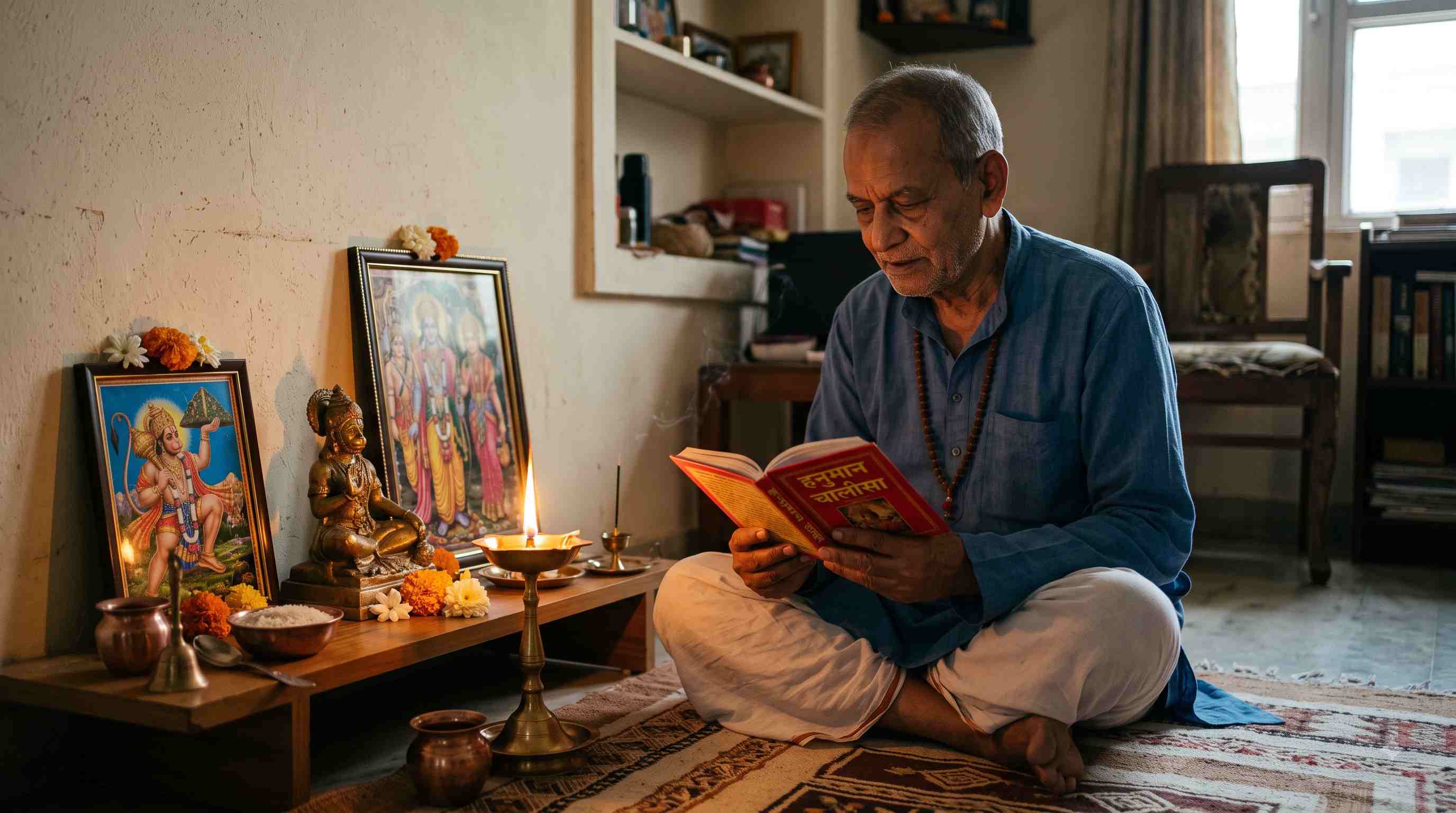 A devotee peacefully reading the Hanuman Chalisa with a lit diya