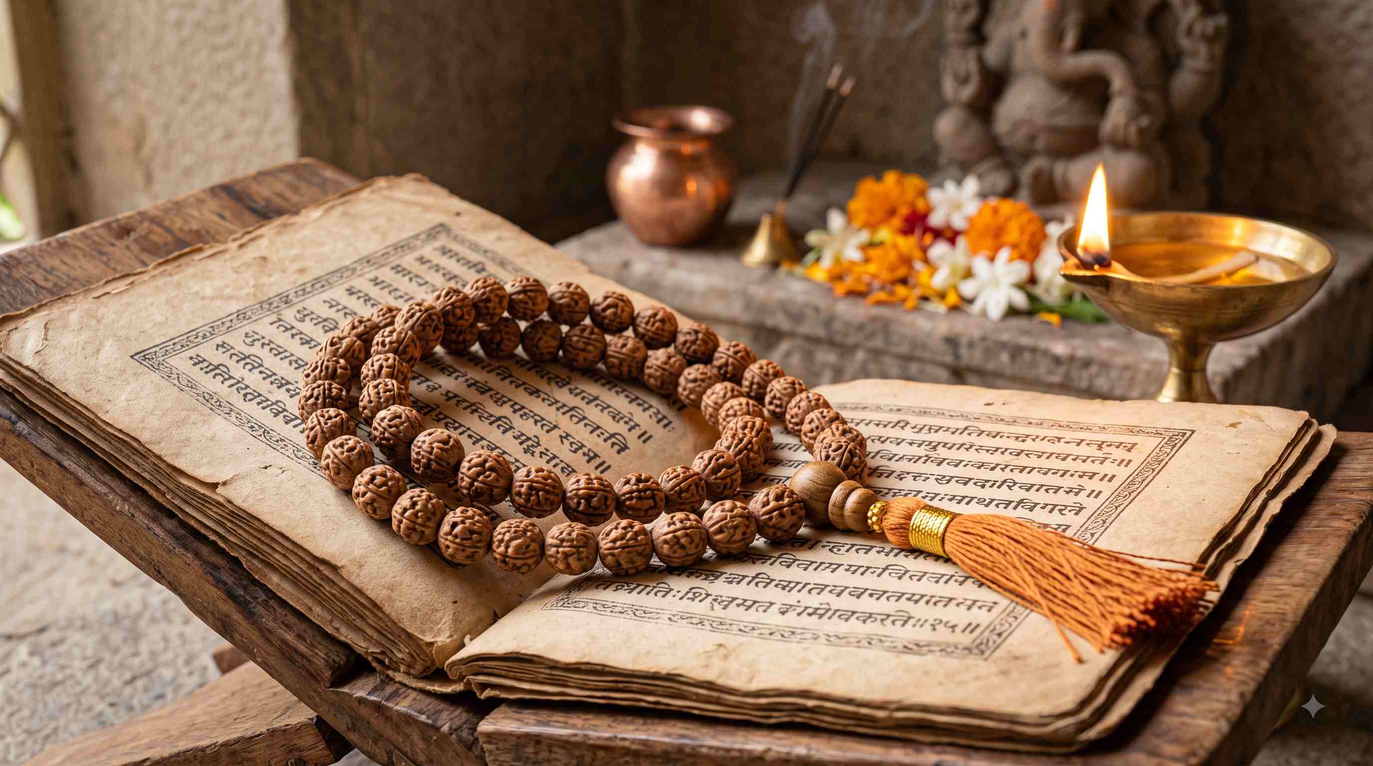 A traditional 108-bead Jaap Mala resting on an ancient scripture