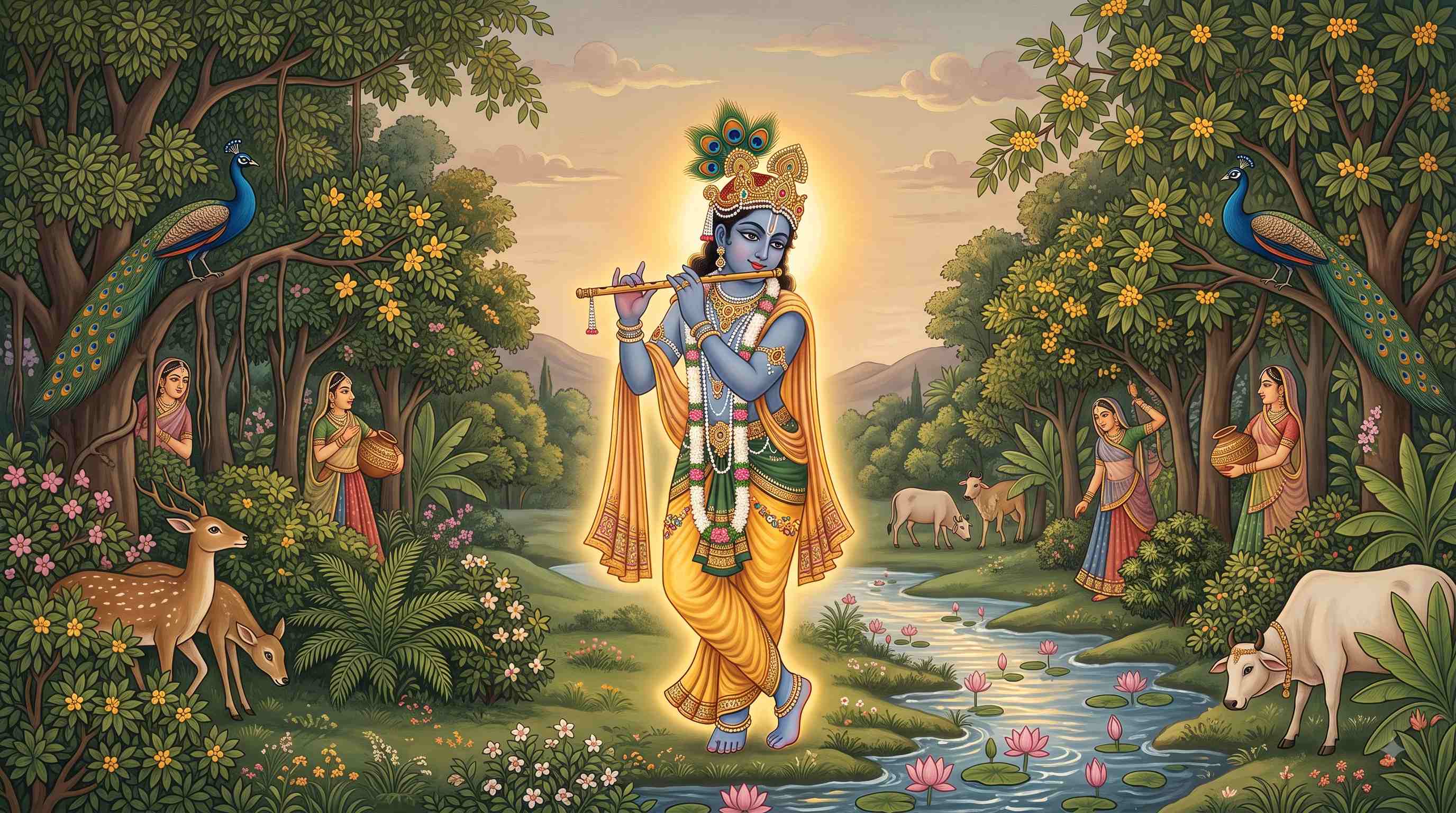 Lord Krishna playing his divine flute in the serene forests of Vrindavan