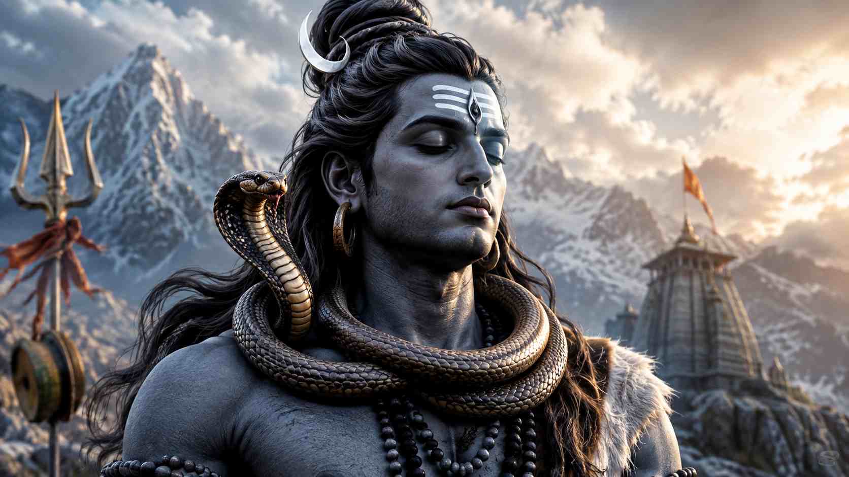 Lord Shiva in deep meditation with the snake King Vasuki coiled around his blue neck