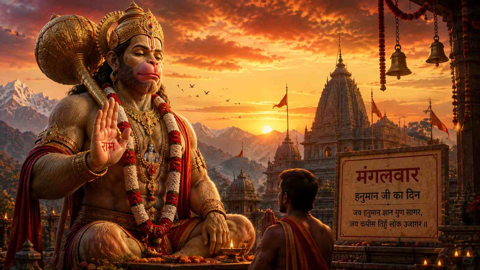 मंगलवार को एक मंदिर में भगवान हनुमान को प्रार्थना और दीपक अर्पित करते भक्त