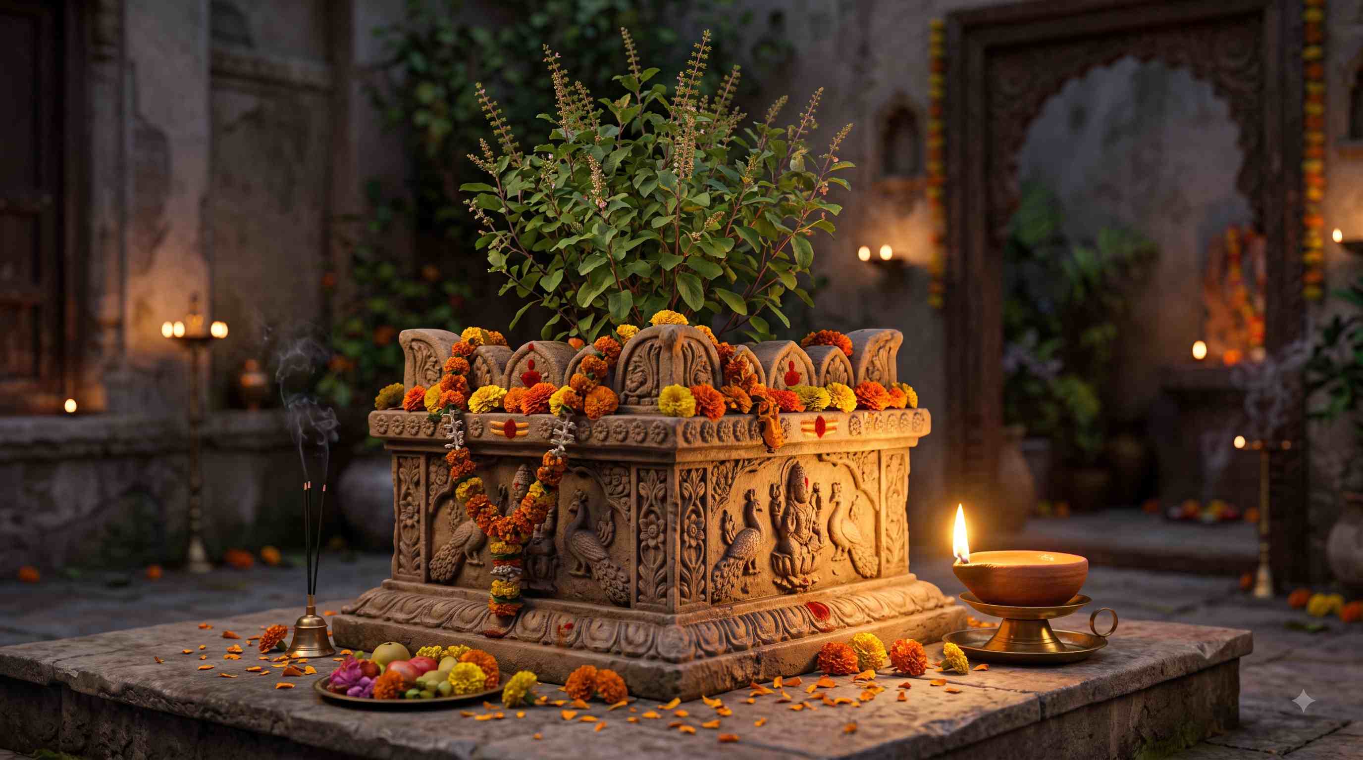 Maa Tulsi plant being worshipped with a Shaligram stone and a glowing aura of Lord Vishnu