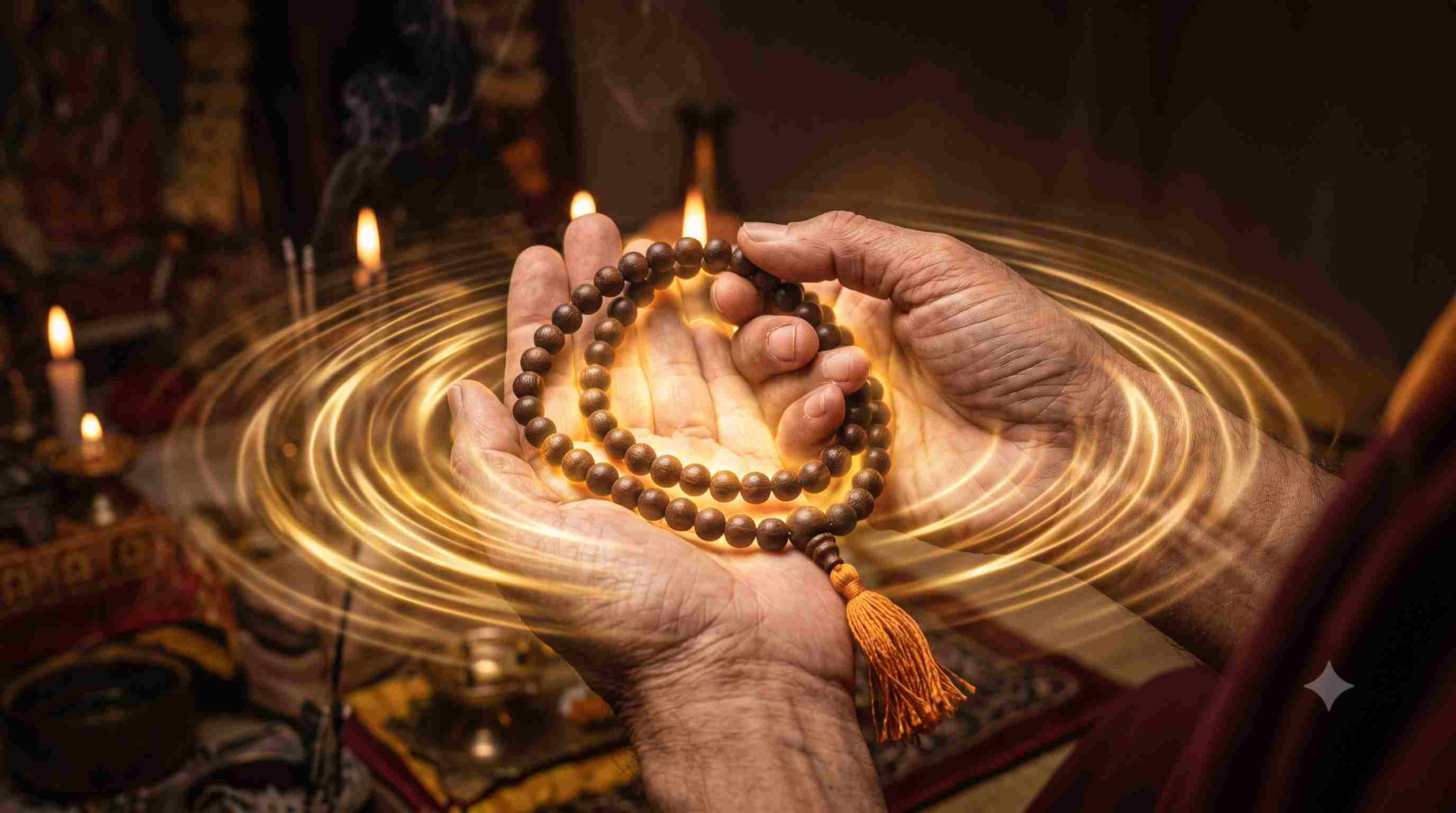 A person holding a rudraksha japa mala during mantra meditation