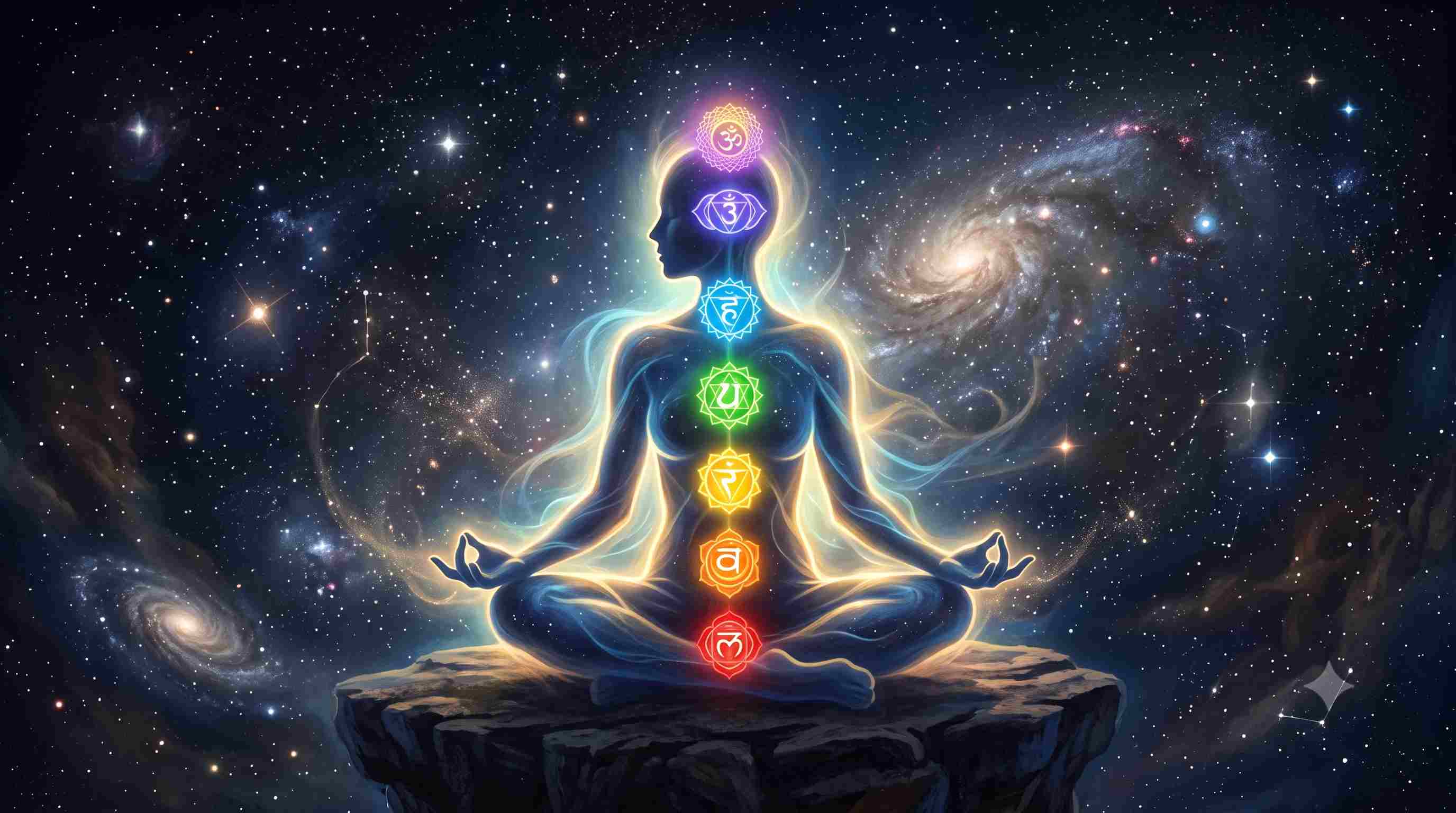 Illustration of the seven chakras aligned along the human spine