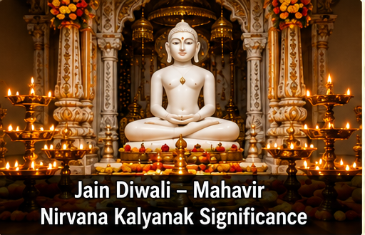 Jain temple illuminated with earthen lamps and devotees offering round Nirvana Ladoo