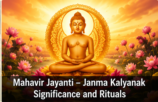 Idol of Lord Mahavira in a meditative posture adorned with flowers during Janma Kalyanak procession