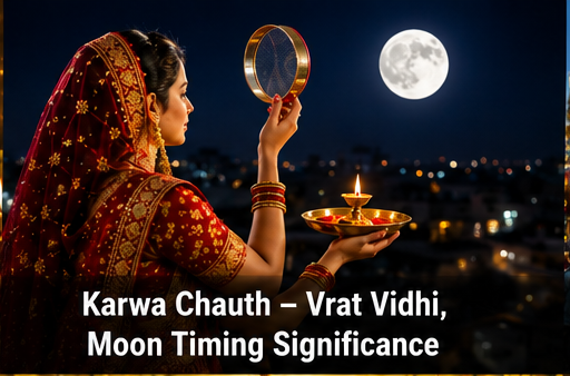 Married woman in red saree looking at the moon through a sieve on Karwa Chauth