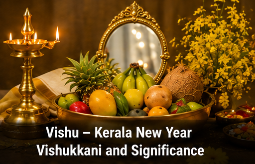 Lord Krishna idol in front of brass Uruli loaded with golden cucumber, rice, betel leaves, coins, and bright yellow Kani Konna blossoms