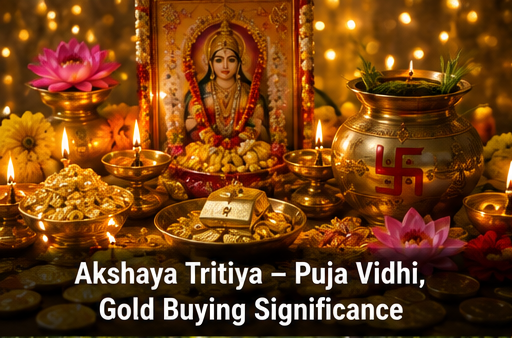 Gold coins, jewellery, and traditional Kalash with mango leaves set for Akshaya Tritiya puja