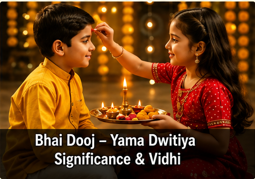 Sister applying red tilak to her brother's forehead with a decorated aarti thali on Bhai Dooj