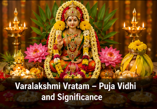 Decorated Varalakshmi Kalasam dressed in a miniature silk saree with gold jewellery and fresh flowers