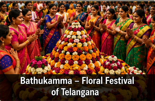 Women in traditional sarees dancing in a circle around vibrant concentric flower arrangements (Bathukamma)