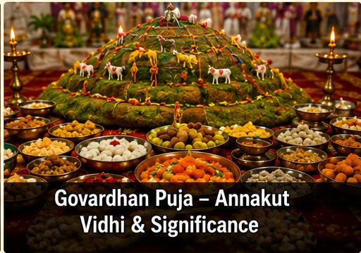 Lord Krishna lifting the Govardhan mountain with a grand Annakut offering of 56 bhog in the foreground