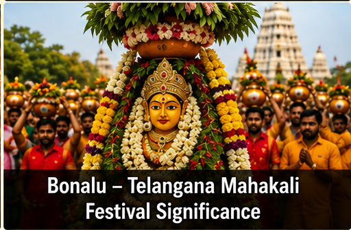 Women carrying decorated Bonalu pots on their heads adorned with neem leaves, turmeric and lit diyas