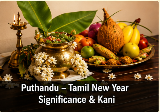 Traditional Tamil Puthandu Kani arrangement with gold, fruits, mirror, and betel leaves alongside an oil lamp