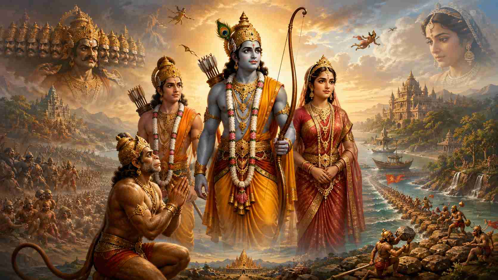 Illustration of Lord Rama, Sita, Lakshmana, and Hanuman