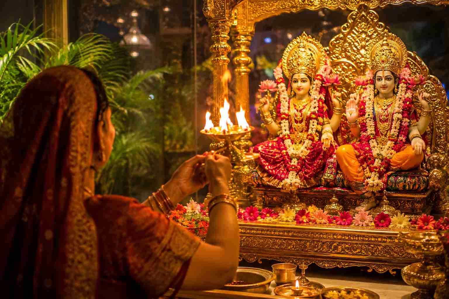 Devotee taking aarti flame with cupped hands in a temple