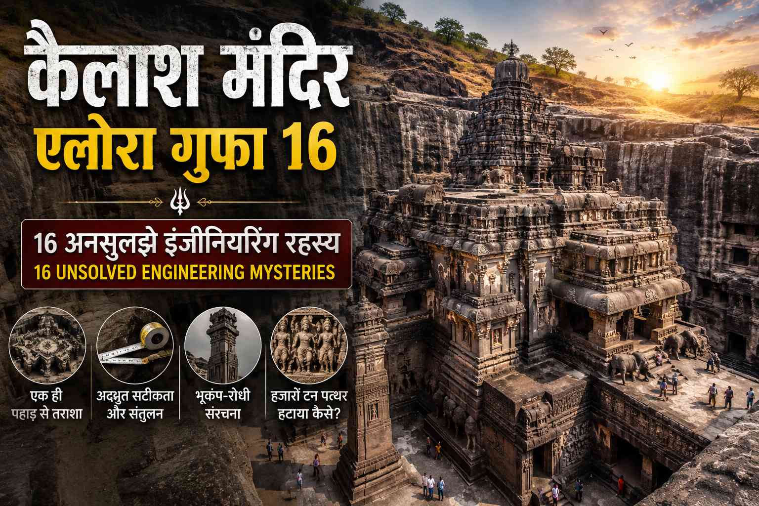 Overhead view of the rock-cut Kailash Temple in Ellora showing the central sanctum and monolithic pillars