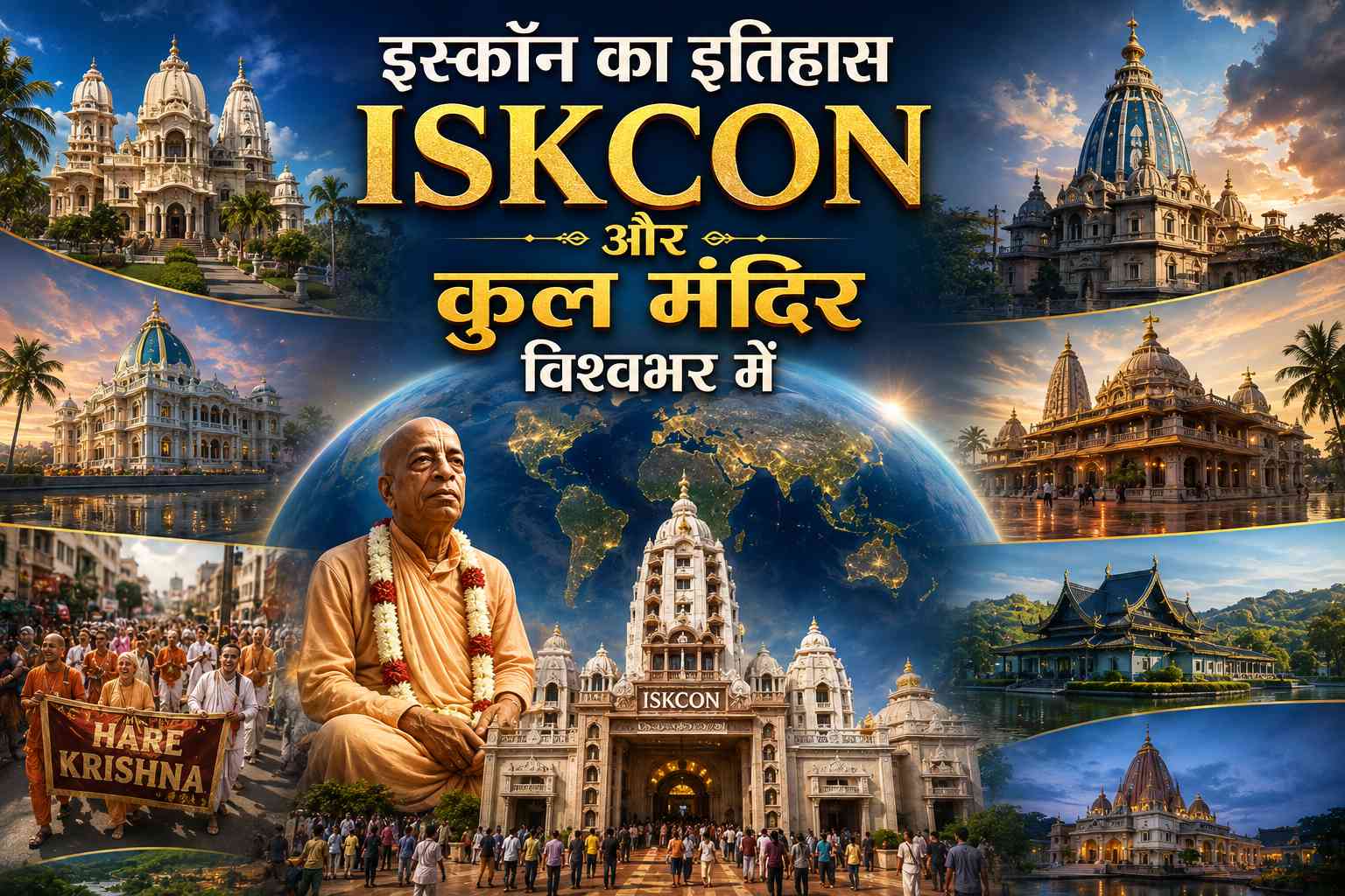 Majestic ISKCON Temple architecture and devotees chanting