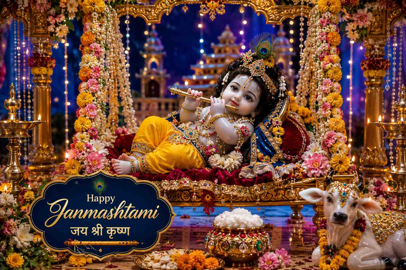 Beautifully decorated Ladoo Gopal sitting in a flower-adorned Jhula