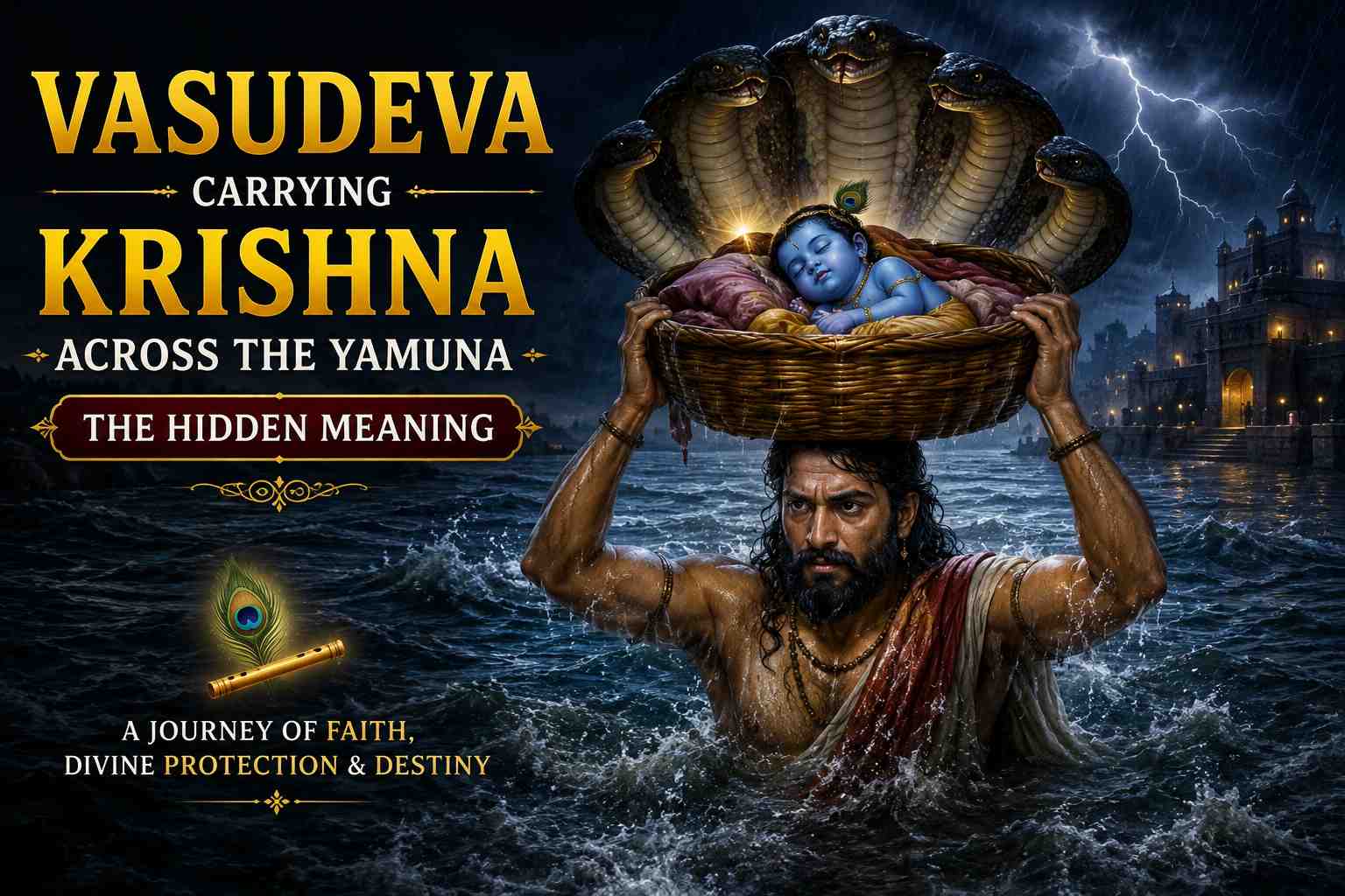Vasudeva carrying Krishna across Yamuna with Sheshnaag protecting them