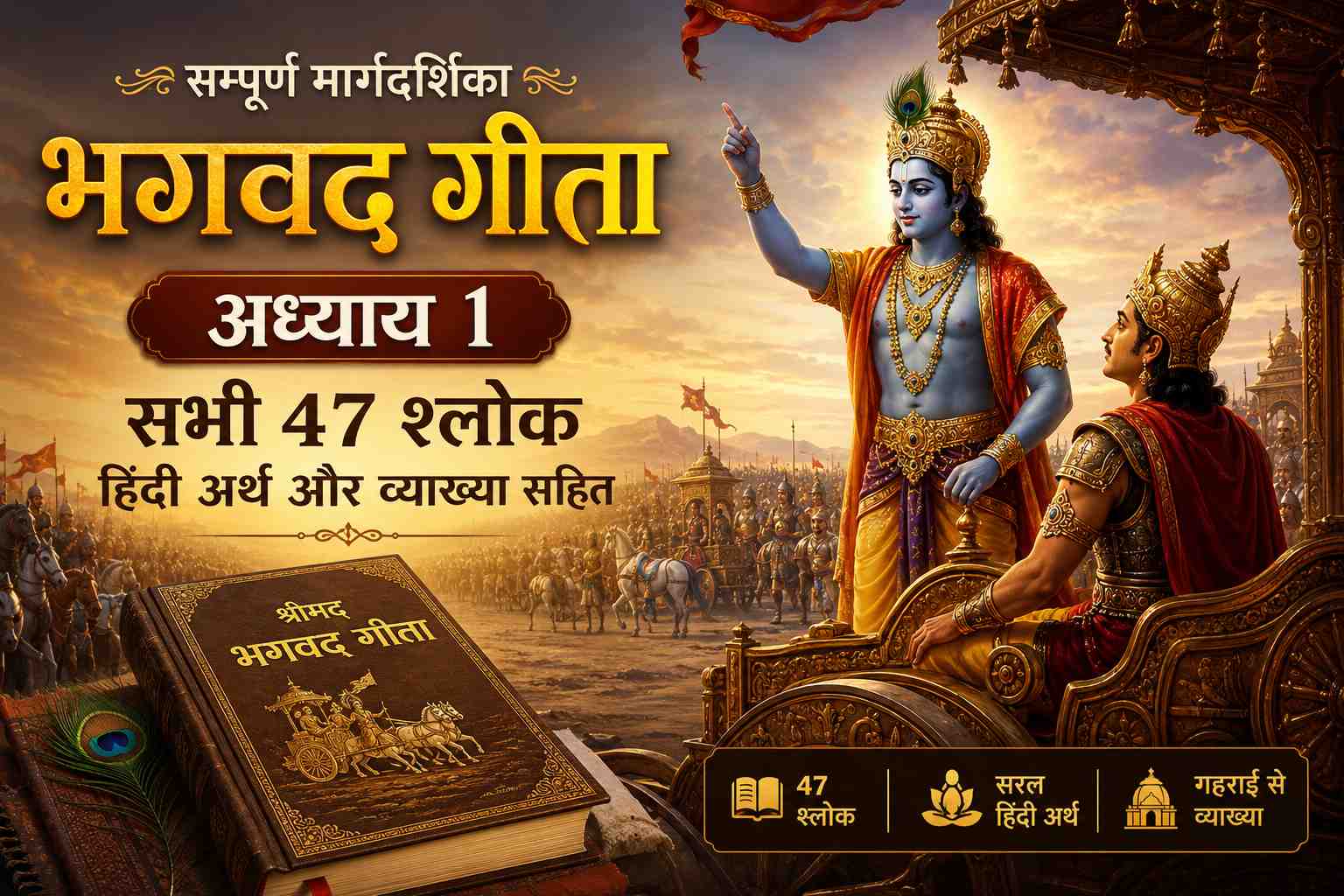 Lord Krishna steering the divine chariot between the two vast armies of Kurukshetra as Arjuna sits overwhelmed with grief