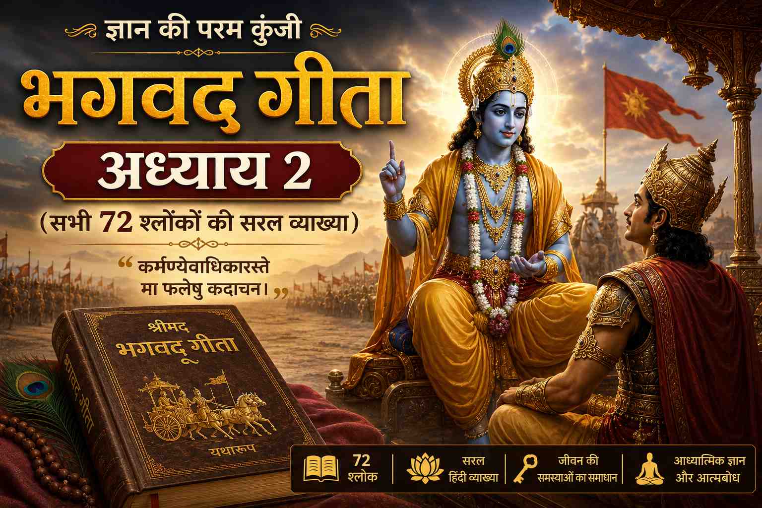 Lord Krishna delivering the eternal wisdom of the immortal Atman to Arjuna on the golden chariot at Kurukshetra