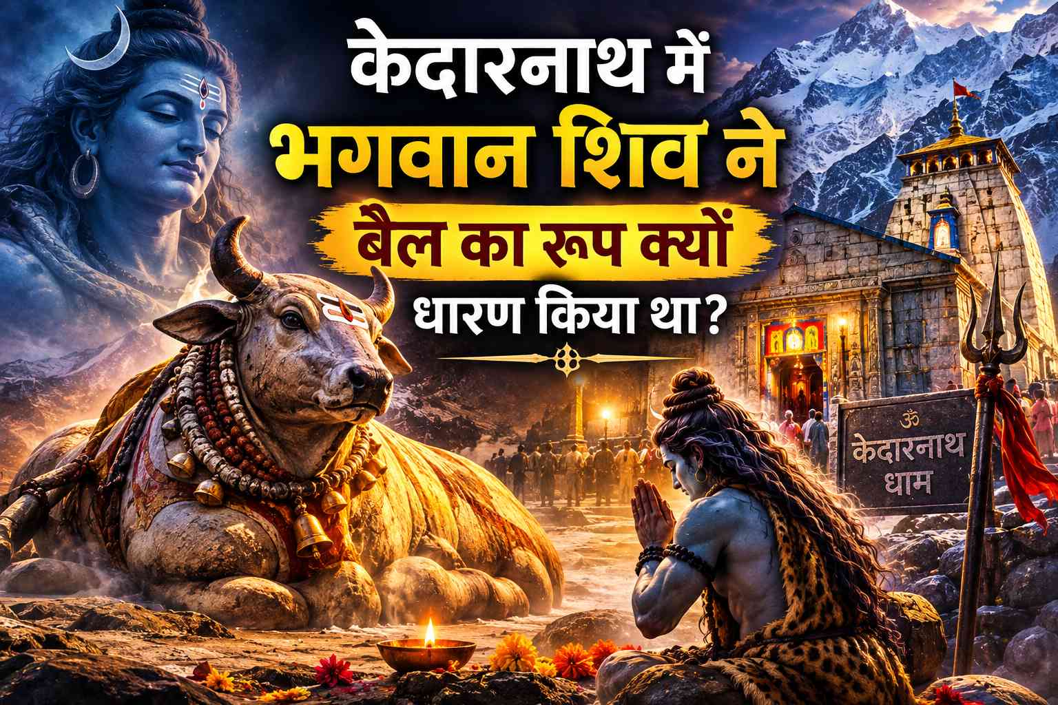 Lord Shiva in the divine form of a bull being chased by Bhima in the Himalayas of Kedarnath